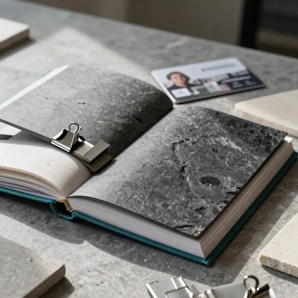 Charcoal stone swatch book with brushed steel clips and sample chips on honed stone.