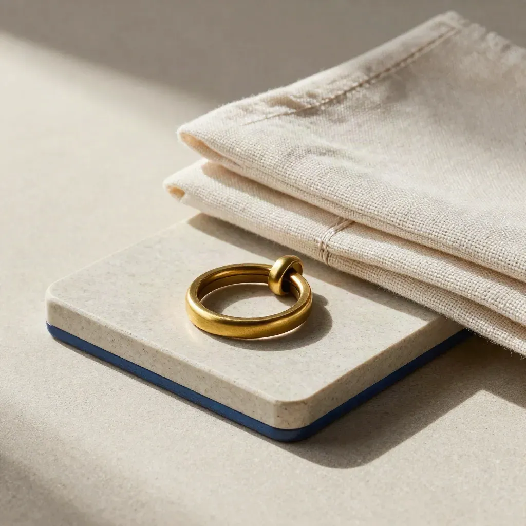 Brass ring keepers with stone coasters and folded linen loops on pale stone