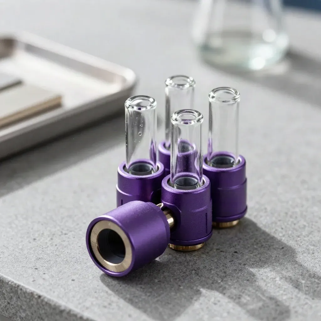 Top-down lab connectors and glass sample vials on ash-grey stone with violet accents.