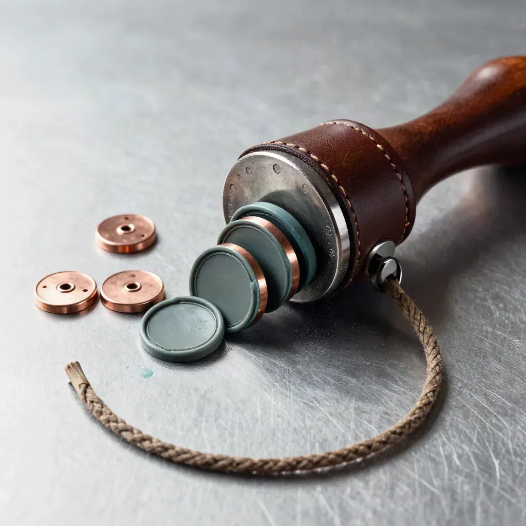 Leather punch with wax-seal discs, copper snaps, and rawhide cord on brushed pewter.
