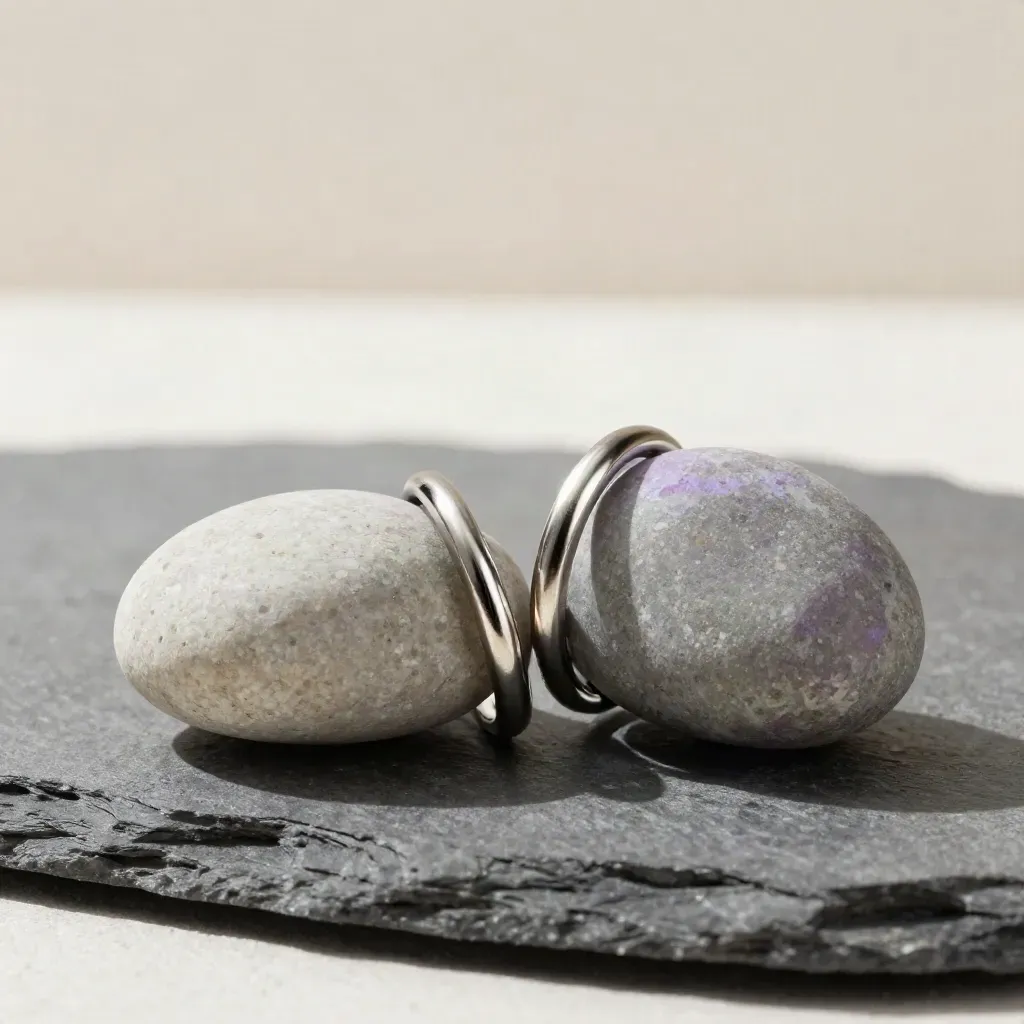 Matched ceramic pebbles and linked steel rings on slate, lit dramatically with a violet accent.