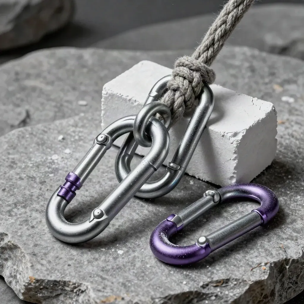 Climbing carabiners, rope coil, chalk block, and belay device on stone