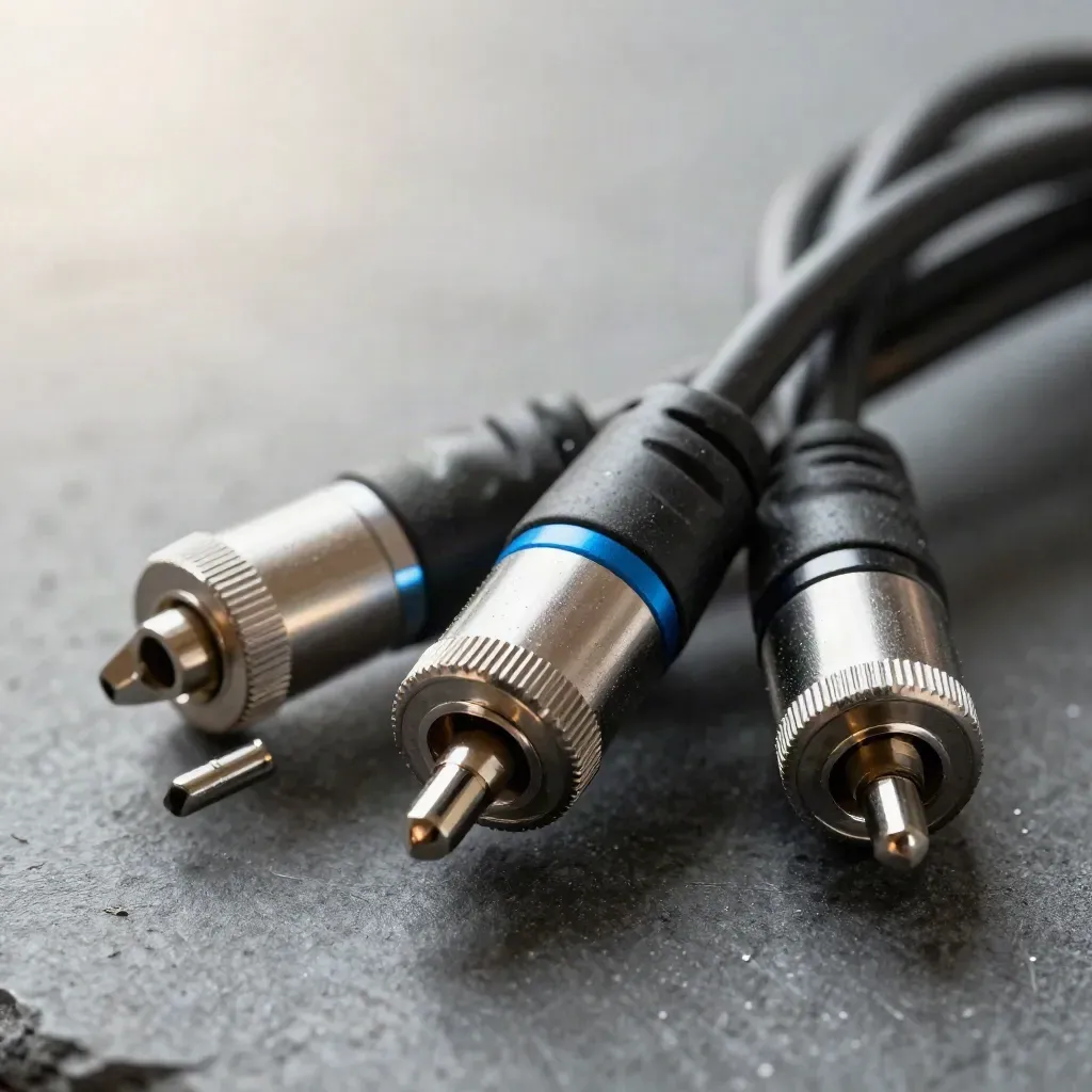 Macro still life of audio splitters, adapters, and coiled cord on graphite stone.