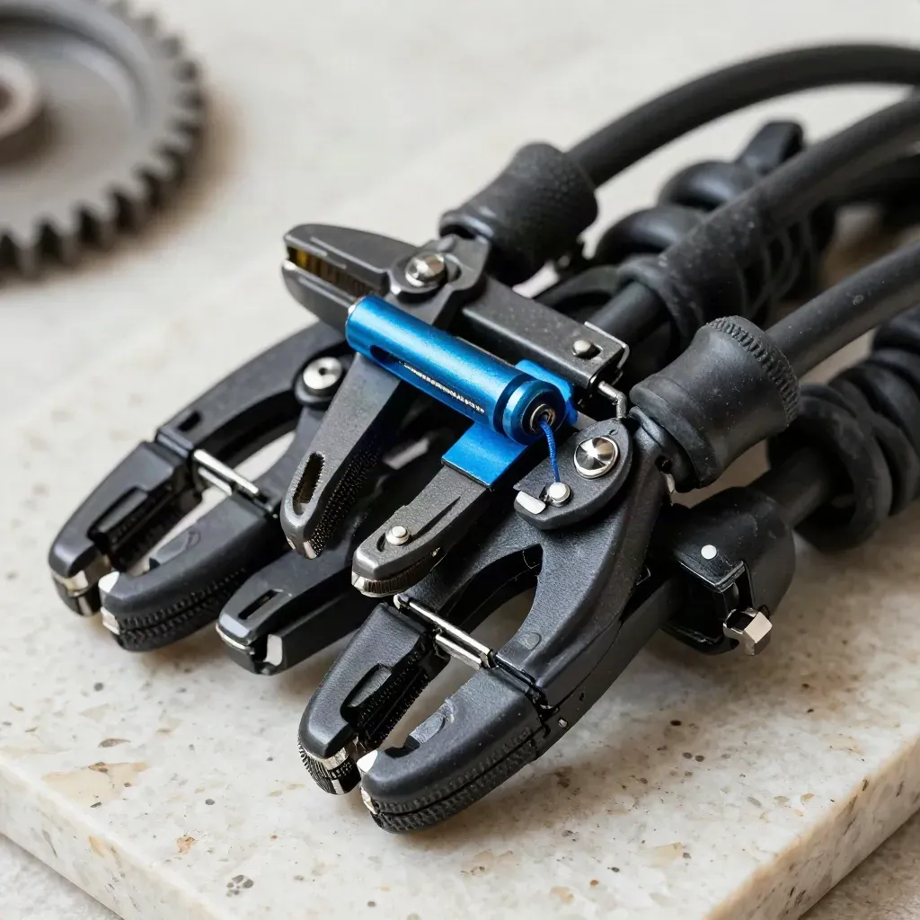 Macro cluster of film crew clamps, cable coils, and clips on travertine with blue accents.