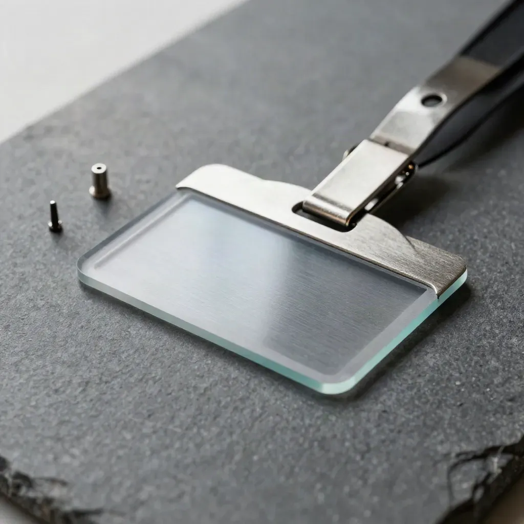 Frosted ID sleeve sliding into a metal clip with two pegs on graphite stone.