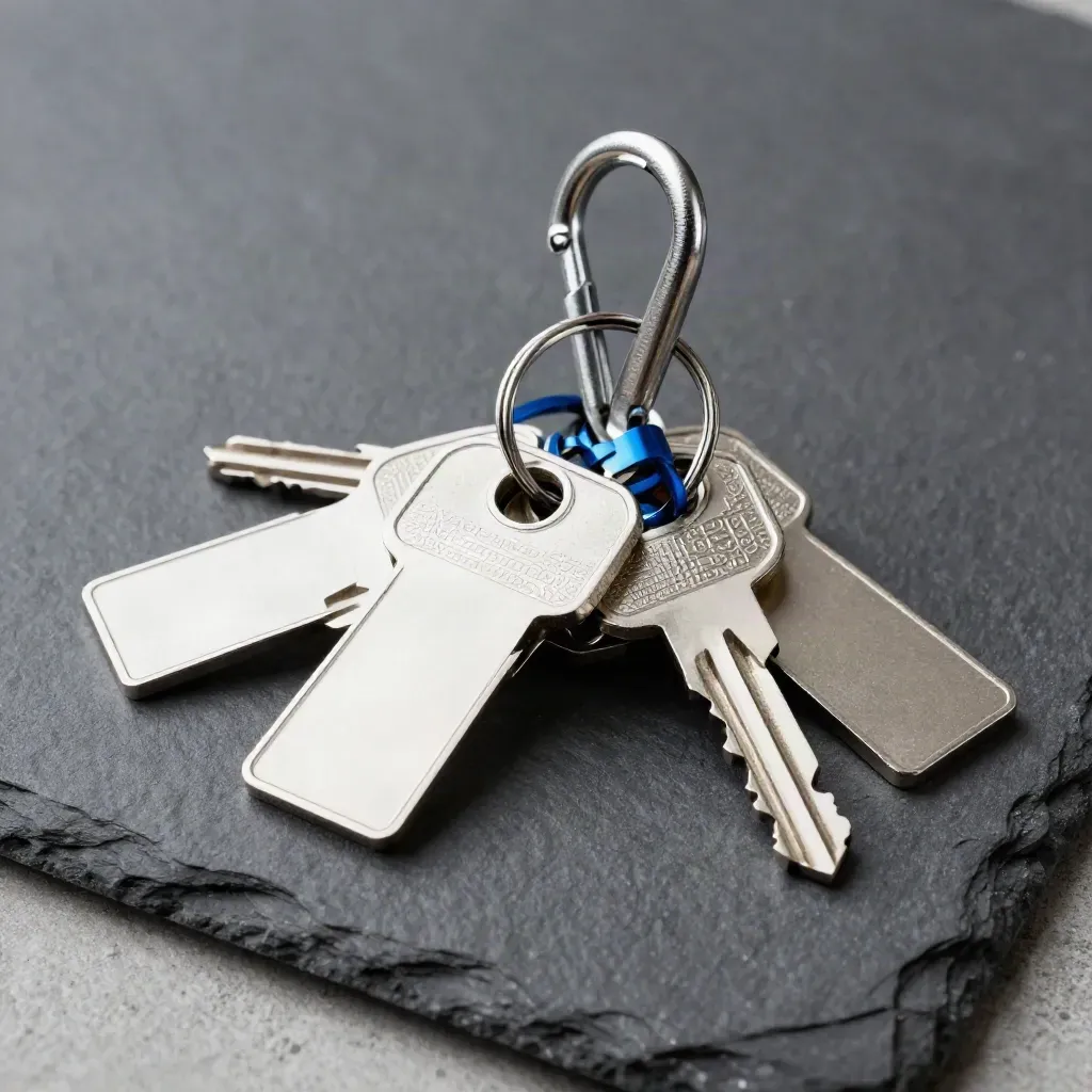 Open snap hook, linked key rings, and blank tag tabs on dark slate, macro still life.