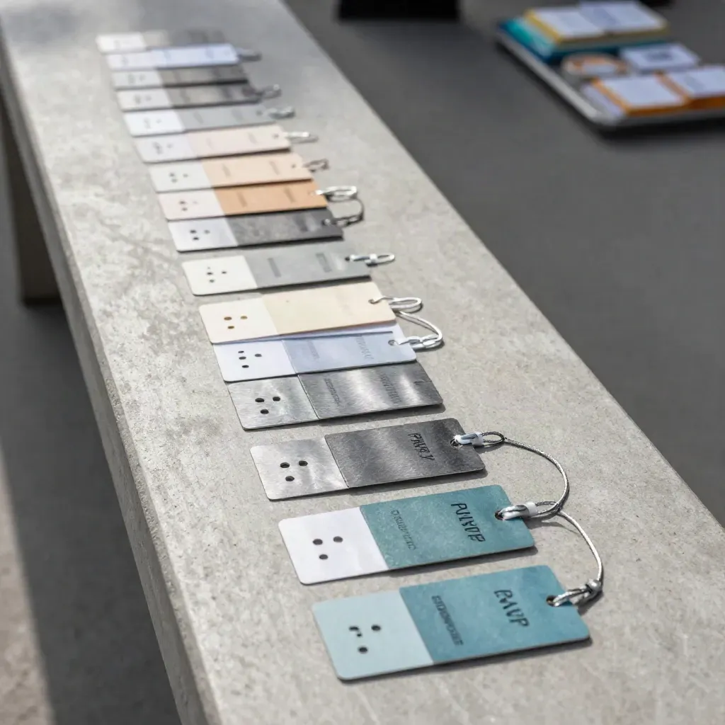 Overhead flat lay of metal event clips, RSVP tokens, and badge tabs on concrete.