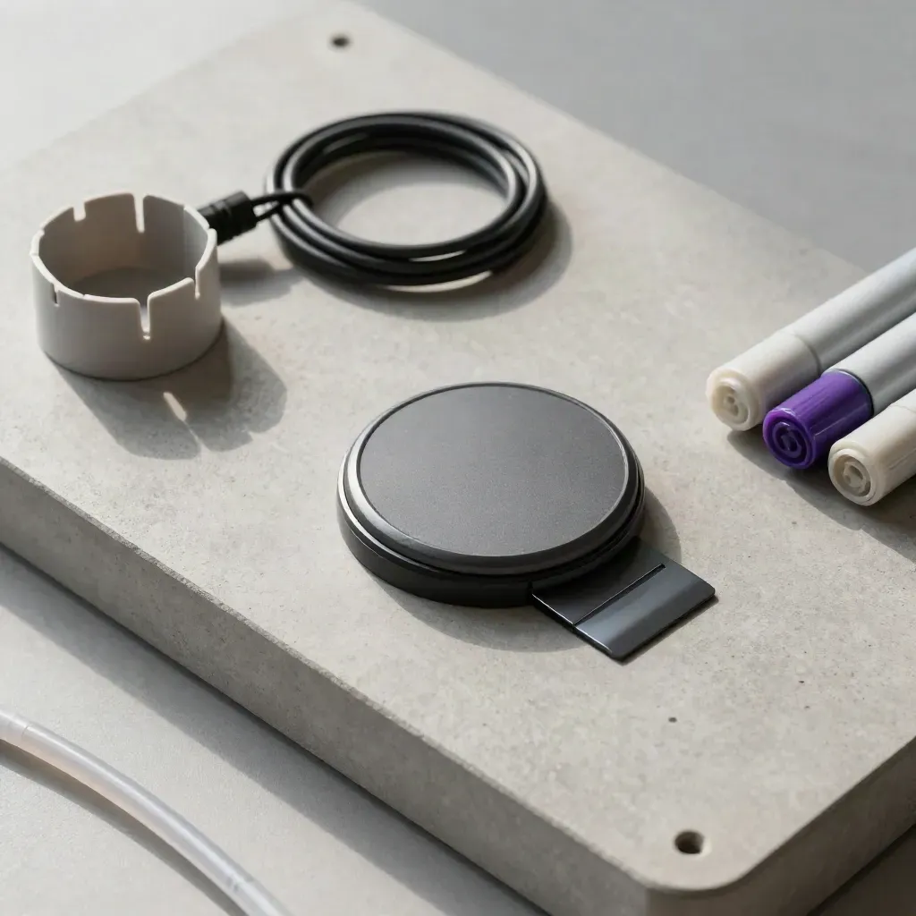 Overhead flat lay of speaker puck, badge strip, cable organizer and marker caps on concrete.