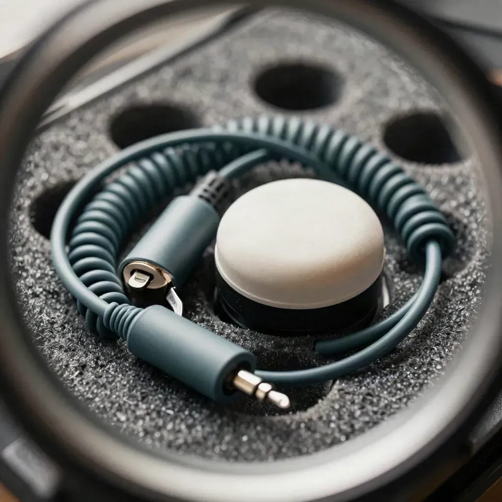 Extreme macro of podcast mic gear with cable, cap, and clamp mount through a blurred ring.