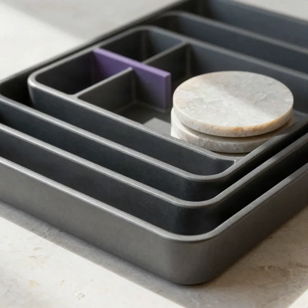 Nested modular trays with divider blocks and stone coasters on a pale limestone surface.