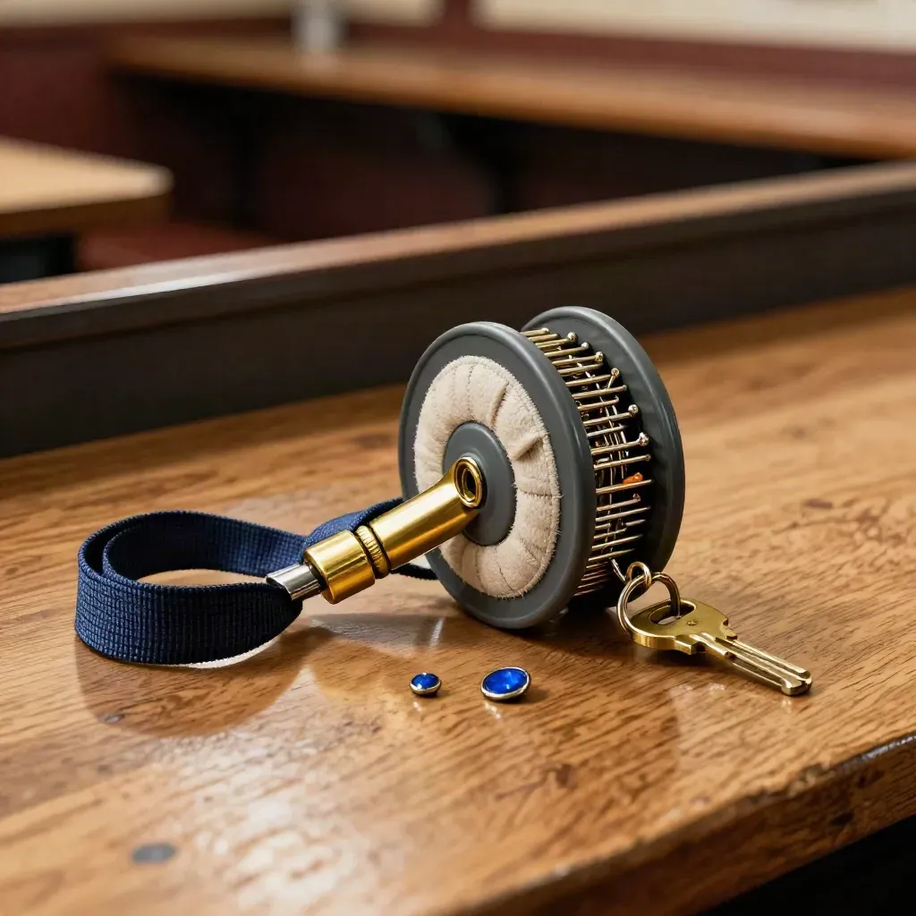 Club pins, patch backs, a lanyard reel and brass key fob on a honey-oak counter
