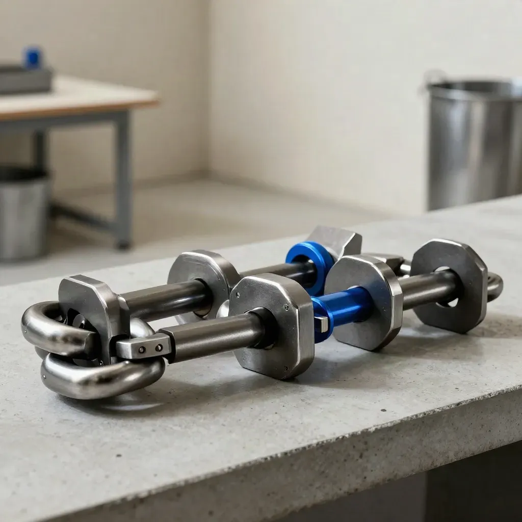 Steel rings and modular connectors on a concrete bench with electric-blue accent