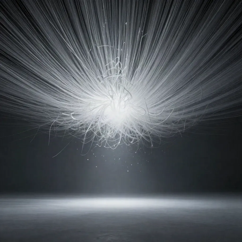 Silver filaments converge into a soft white bloom in dark graphite haze.