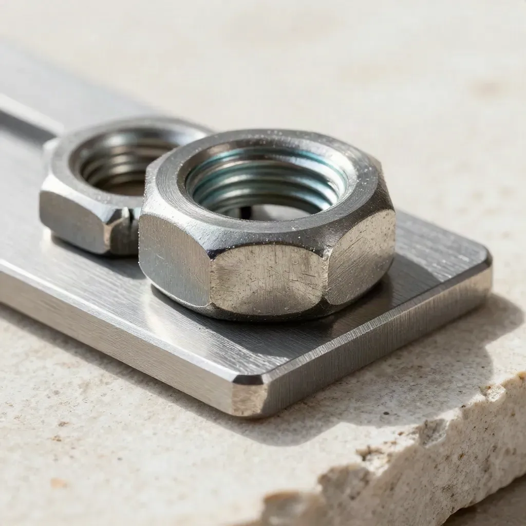 Macro still life of machined fasteners and a split ring aligned on a brushed bracket plate.