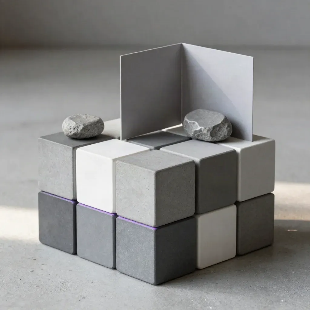 Modular graphite cubes, folded divider card and stone paperweight on concrete under soft daylight.