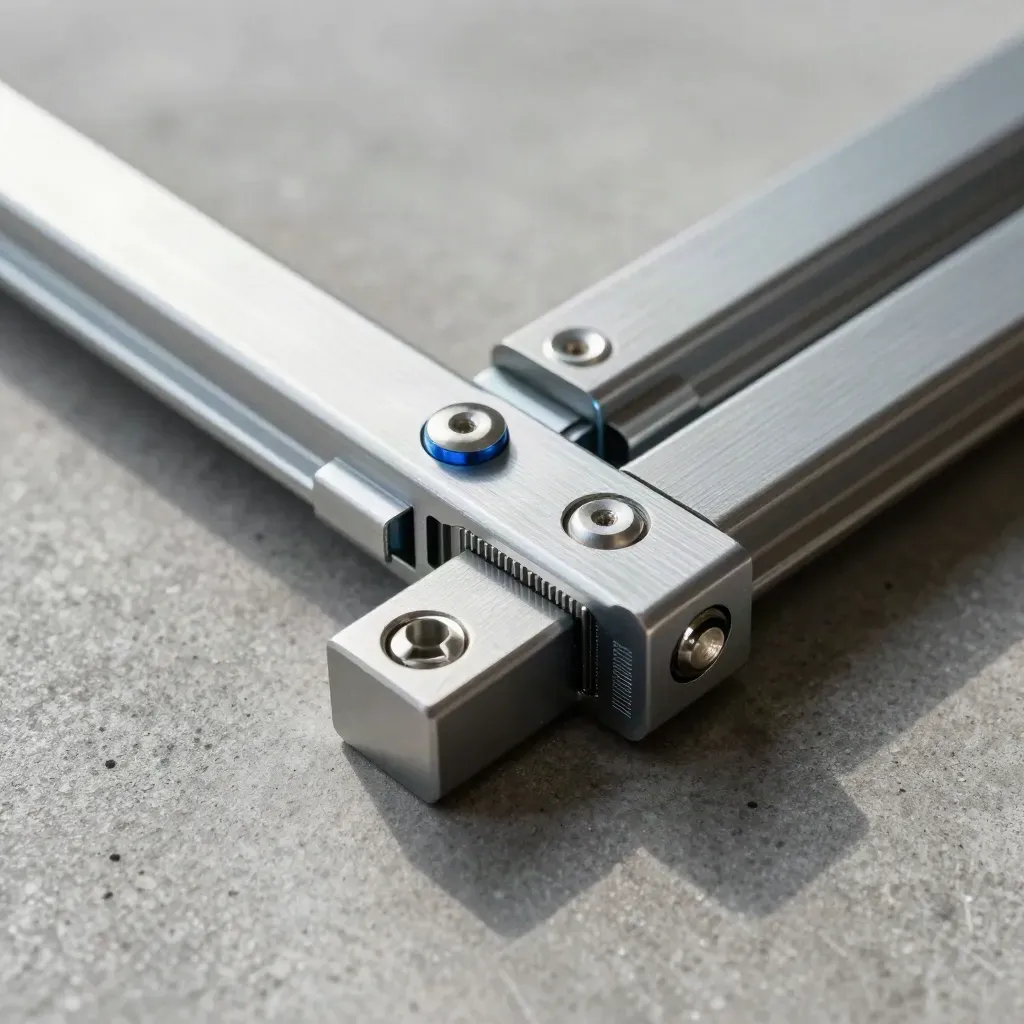 Top-down macro of aluminum rails, snap-fit connectors and a ribbed spacer on charcoal concrete.